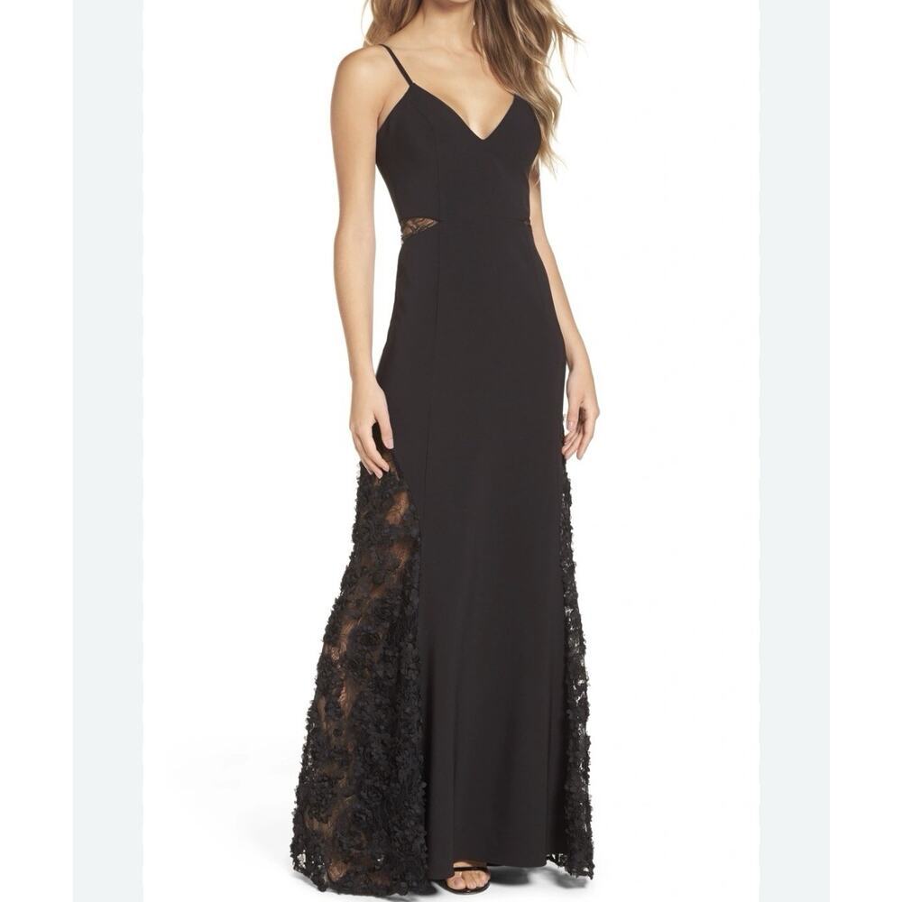 Maria Bianca Nero 8 Black Mermaid Gown V-Neck Cutout 3D Floral Prom Formal Gala